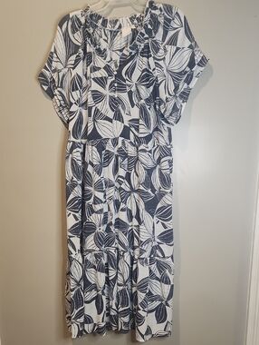 Sharagano Blue White Tropical Midi Dress PL Leaf Print Flowy Short Sleeve